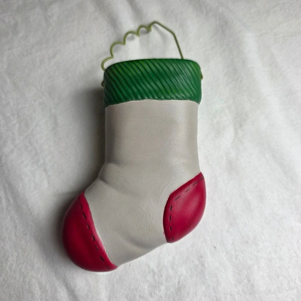 Vintage 2000 Handmade Ceramic Christmas Stocking Ornament Whimsical Grey Red